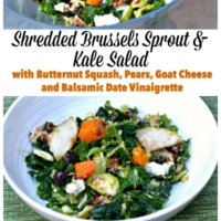 Brussles Sprout and Kale Salad with Butternut Squash, Pears, Goat Cheese and a Balsamic Date Vinaigrette